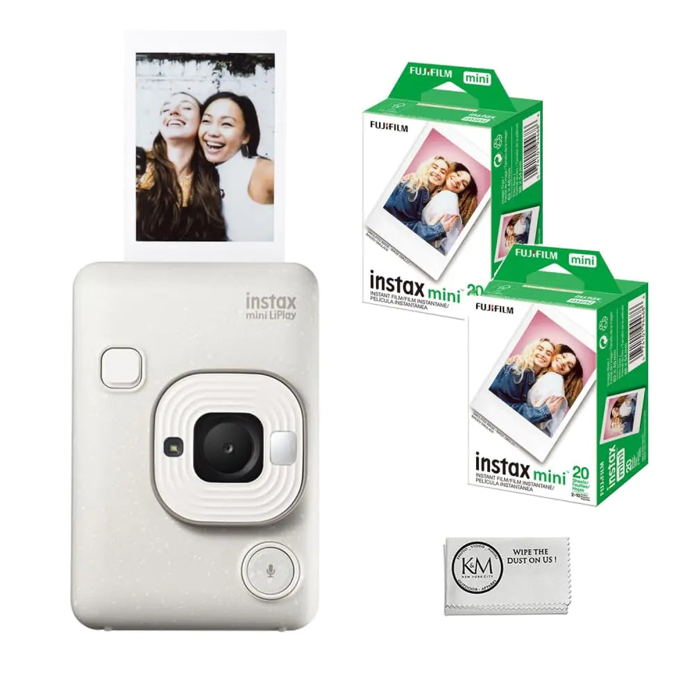 FUJIFILM INSTAX Mini LiPlay Instant Camera | White Bundled with INSTAX Mini Instant Film | 40 Exposures + Cleaning Cloth (4 Items)