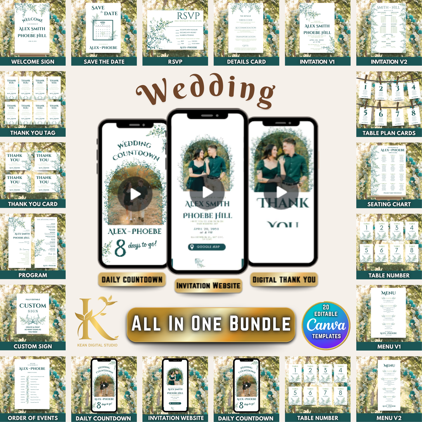 All In One Wedding Bundle Greenery Theme Wedding Invitation and Wedding Website with RSVP, 20 Wedding Templates Fully Editable in Canva