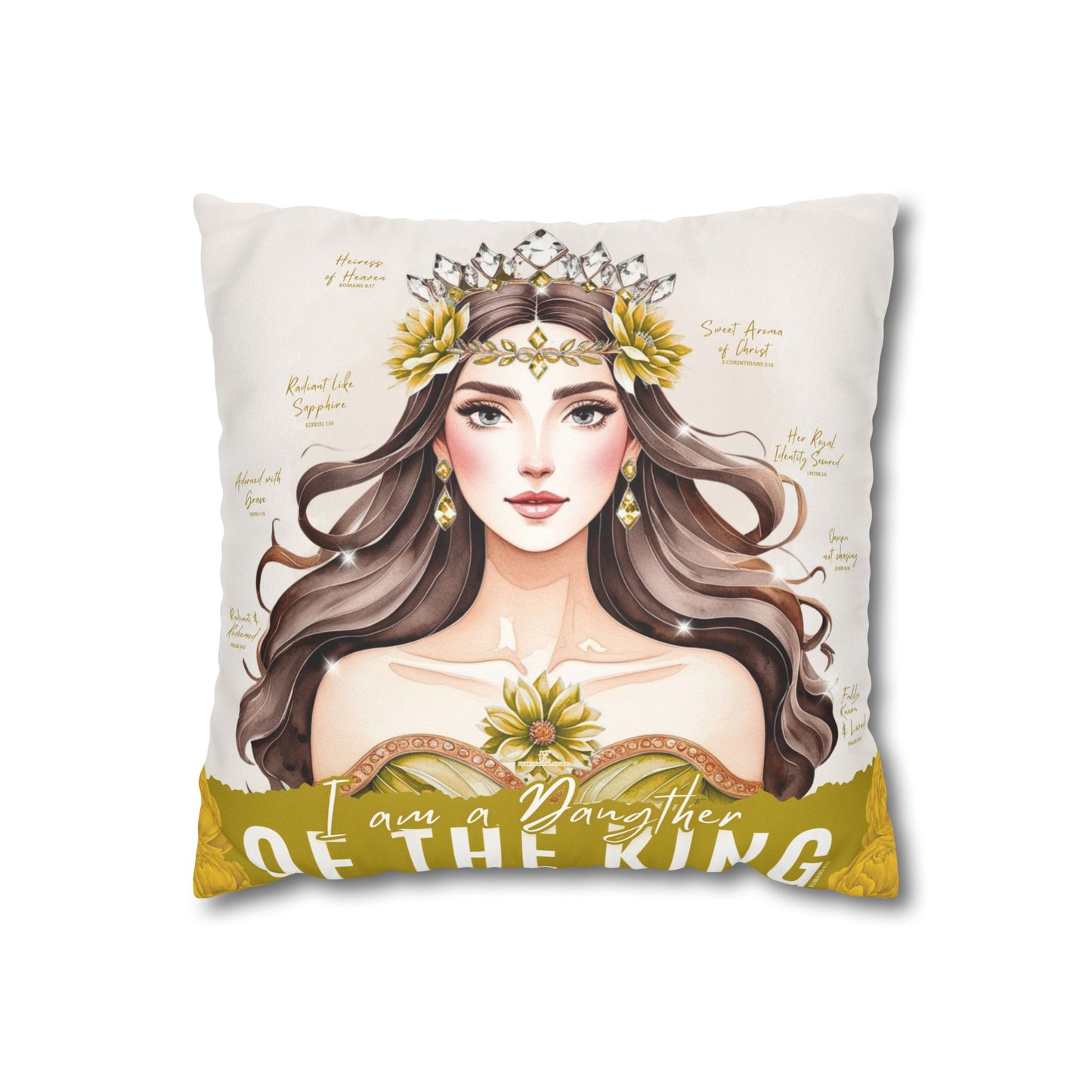 Daughter of the King Faux Suede Pillowcase | Floral Crown Decorative Throw Pillow I Yellow Gold