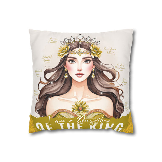 Daughter of the King Faux Suede Pillowcase | Floral Crown Decorative Throw Pillow I Yellow Gold
