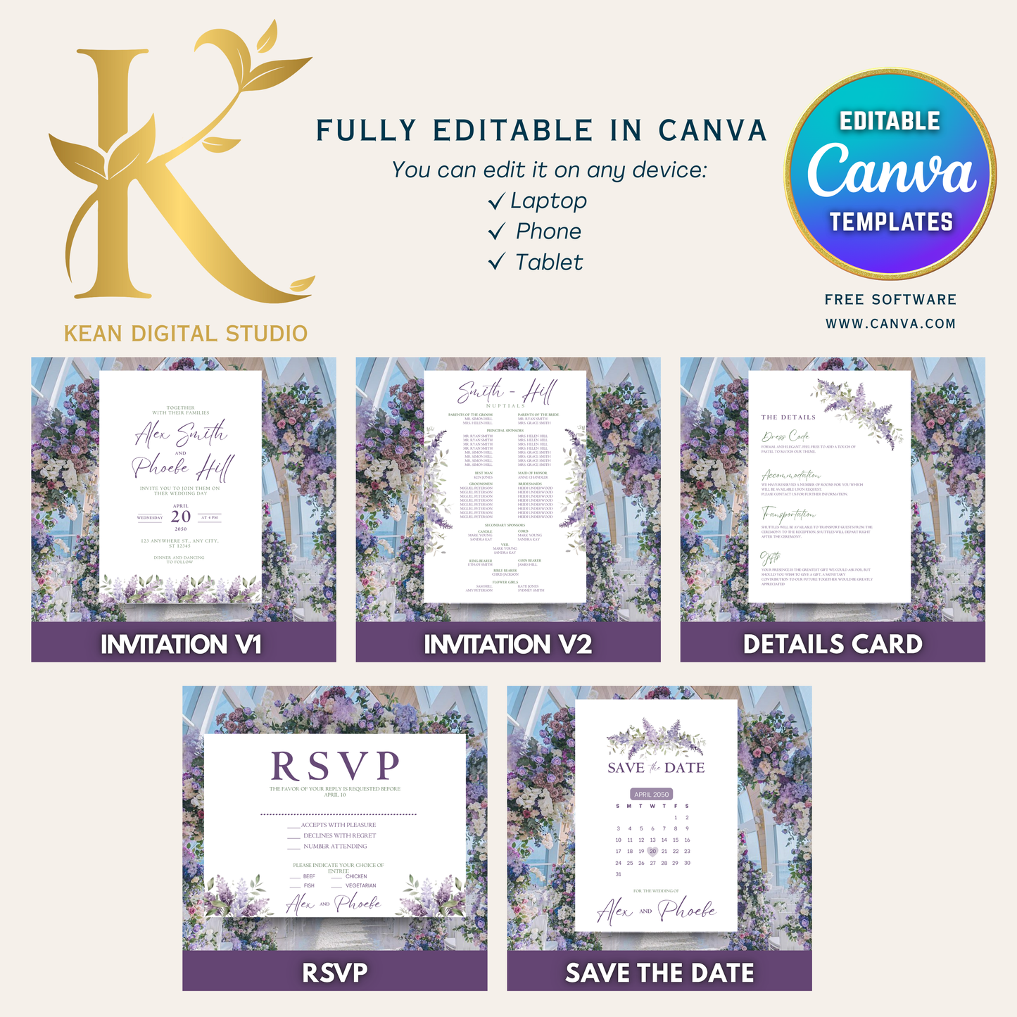 Wedding Invitation Set, Fully Editable in Canva, Lavender Purple Themed Wedding