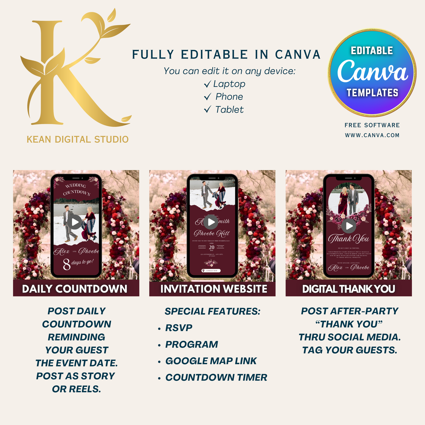 All In One Midnight Mulberry Wedding Templates, Fully Editable Burgundy Red Wedding Invitation + Website Bundle, Daily Countdown & Digital Thank you