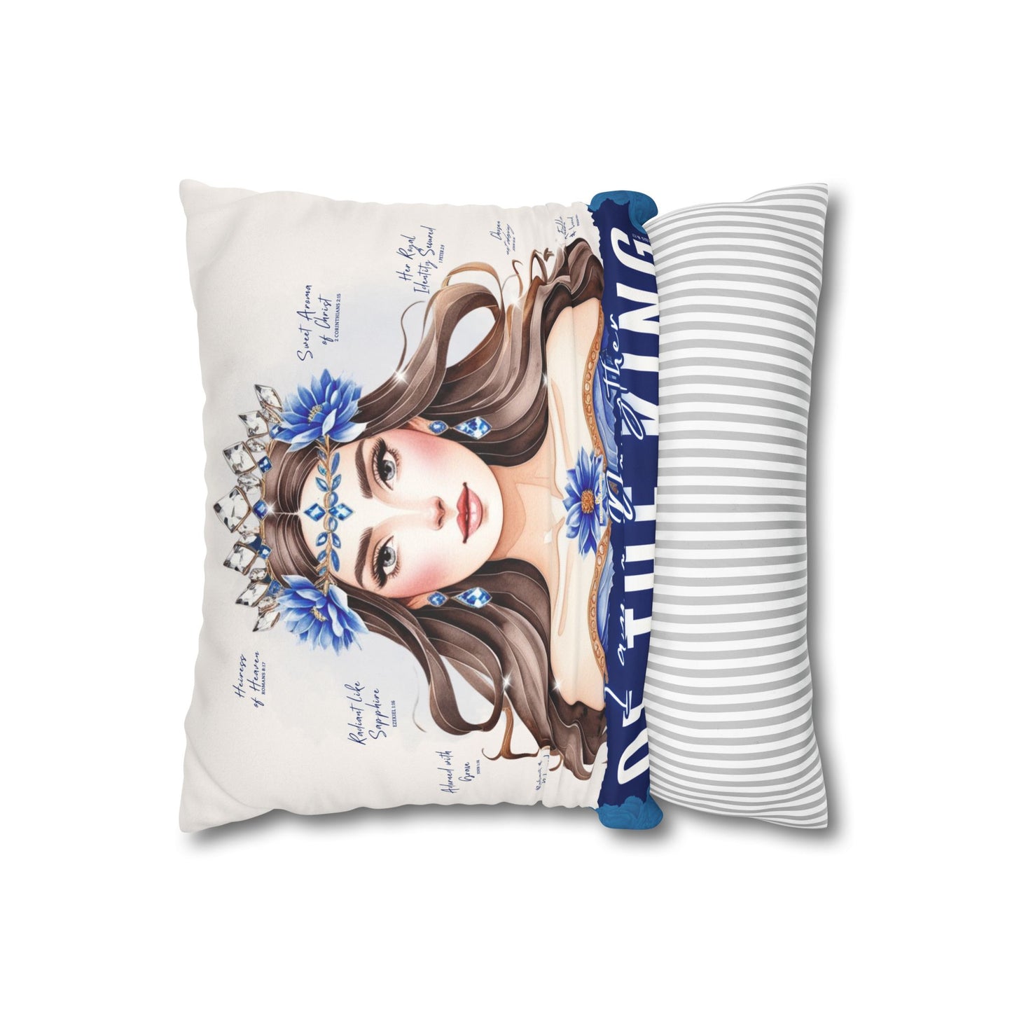 Daughter of the King Faux Suede Pillowcase | Floral Crown Decorative Throw Pillow I Blue