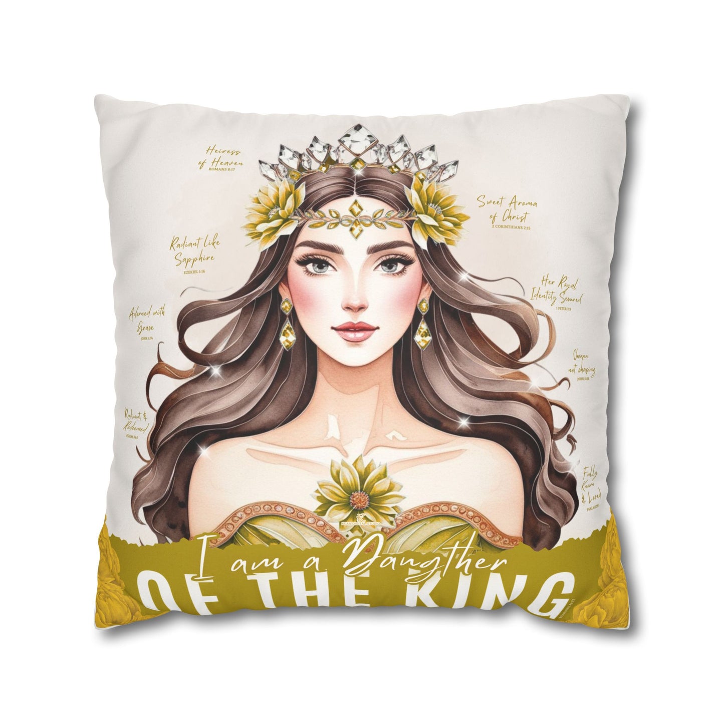 Daughter of the King Faux Suede Pillowcase | Floral Crown Decorative Throw Pillow I Yellow Gold
