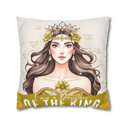 Daughter of the King Faux Suede Pillowcase | Floral Crown Decorative Throw Pillow I Yellow Gold