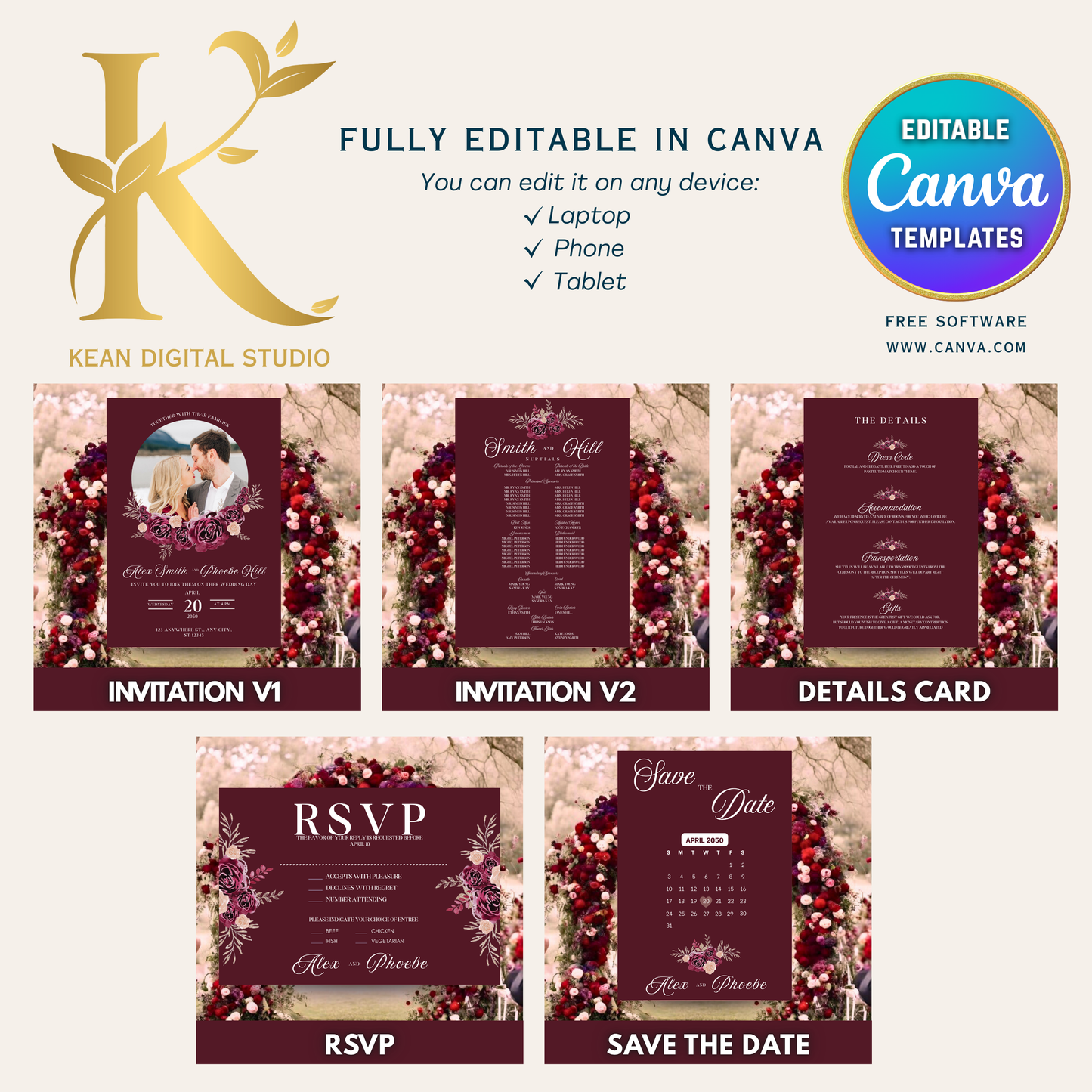 Midnight Mulberry Wedding Invitation Set, Fully Editable in Canva, Burgundy Red Themed Wedding