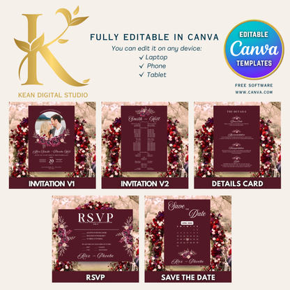 Midnight Mulberry Wedding Invitation Set, Fully Editable in Canva, Burgundy Red Themed Wedding