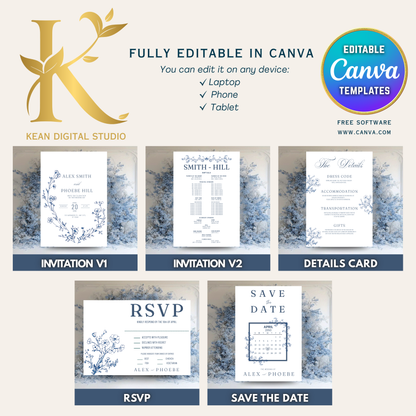 All In One Blue Willow Wedding Templates, Fully Editable Wedding Invitation plus Website Bundle, Daily Countdown and Digital Thank you Video
