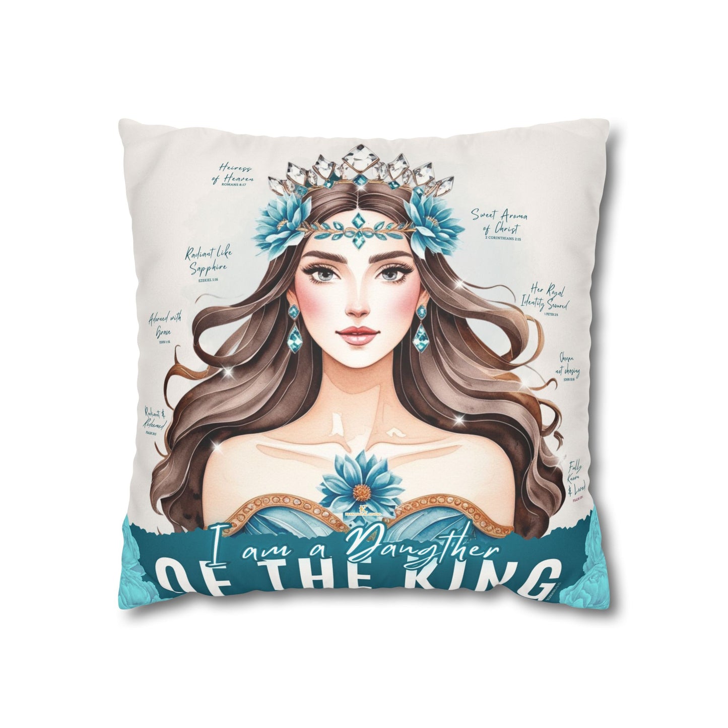 Daughter of the King Faux Suede Pillowcase | Floral Crown Decorative Throw Pillow I Turquoise