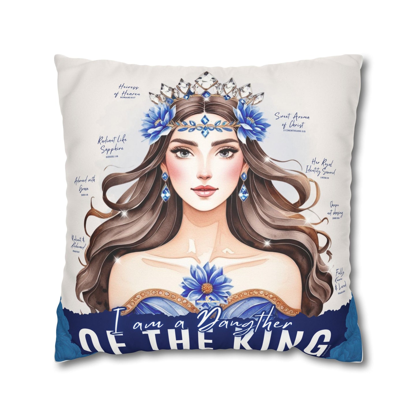 Daughter of the King Faux Suede Pillowcase | Floral Crown Decorative Throw Pillow I Blue