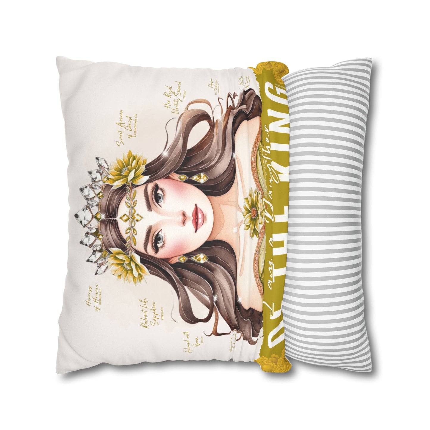 Daughter of the King Faux Suede Pillowcase | Floral Crown Decorative Throw Pillow I Yellow Gold