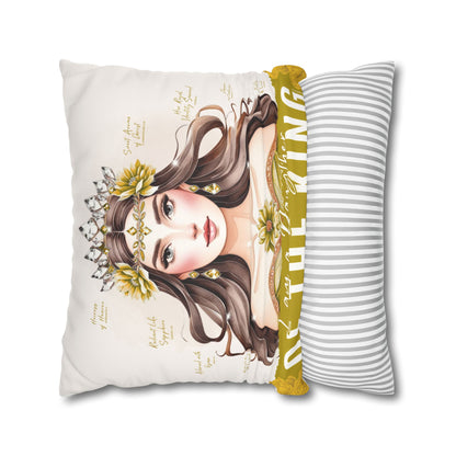 Daughter of the King Faux Suede Pillowcase | Floral Crown Decorative Throw Pillow I Yellow Gold