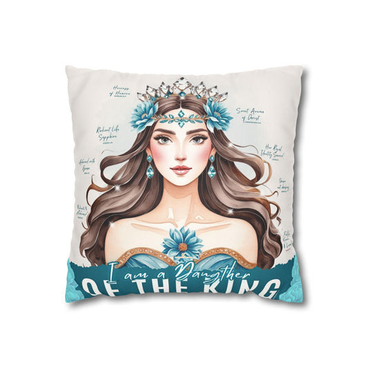 Daughter of the King Faux Suede Pillowcase | Floral Crown Decorative Throw Pillow I Turquoise