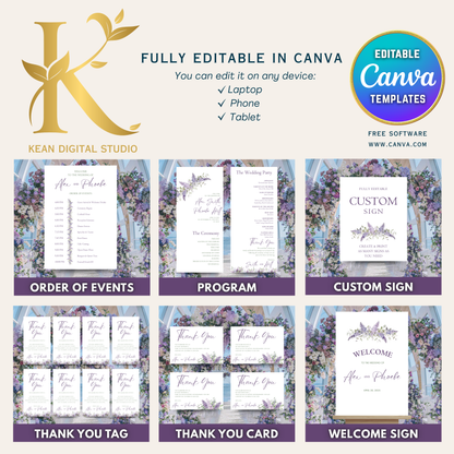 All In One Lavender Purple Wedding Invitation + Website Bundle, Canva Editable Templates, Lavender Themed Wedding, Purple Wedding Invitation