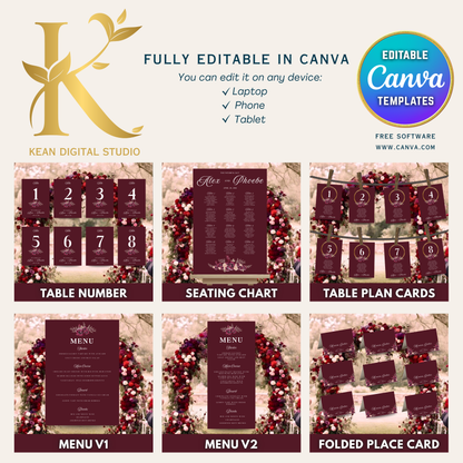 All In One Midnight Mulberry Wedding Templates, Fully Editable Burgundy Red Wedding Invitation + Website Bundle, Daily Countdown & Digital Thank you