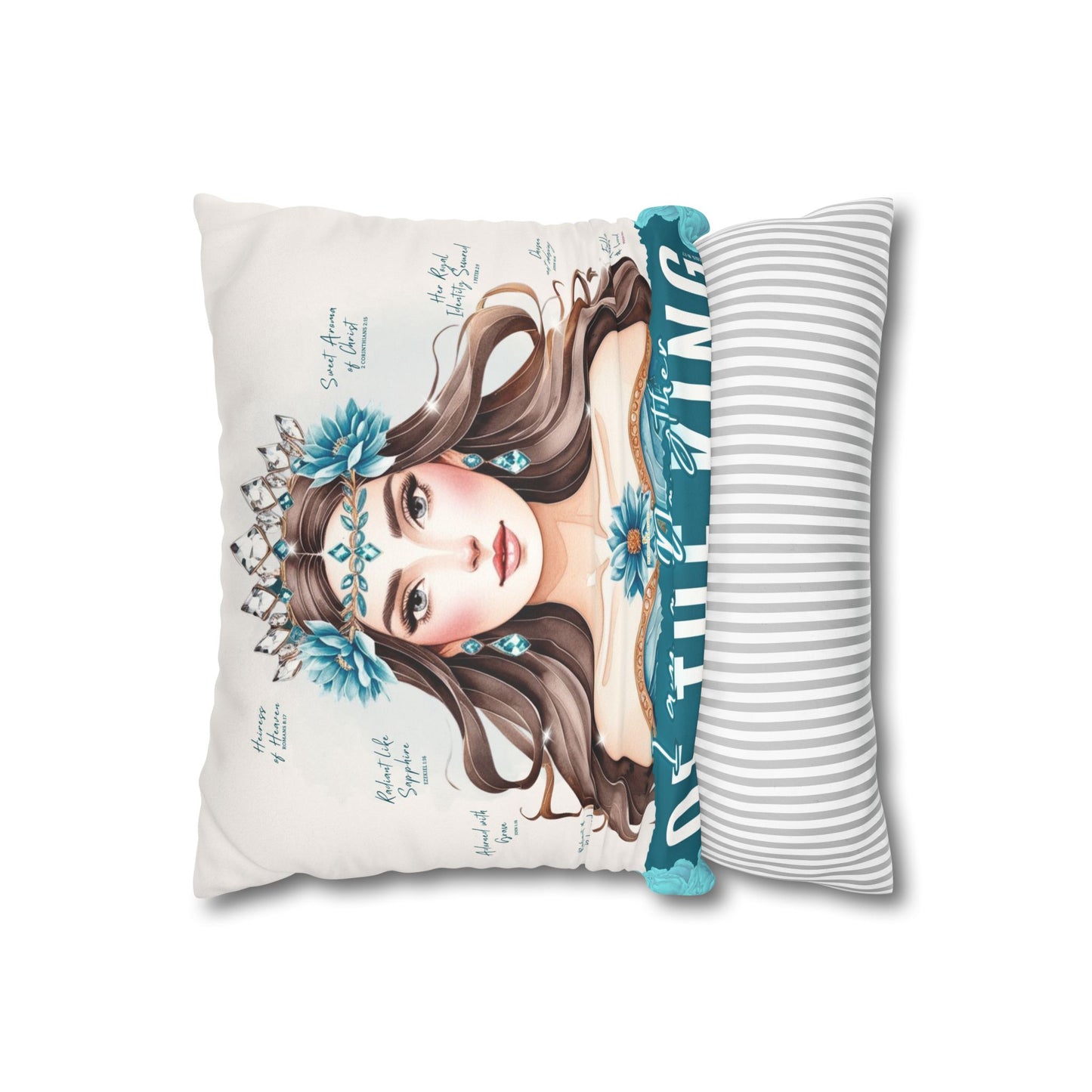 Daughter of the King Faux Suede Pillowcase | Floral Crown Decorative Throw Pillow I Turquoise