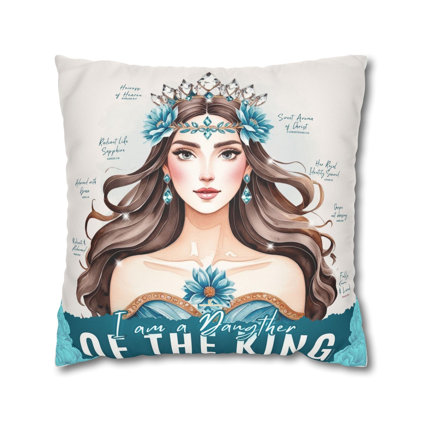 Daughter of the King Faux Suede Pillowcase | Floral Crown Decorative Throw Pillow I Turquoise