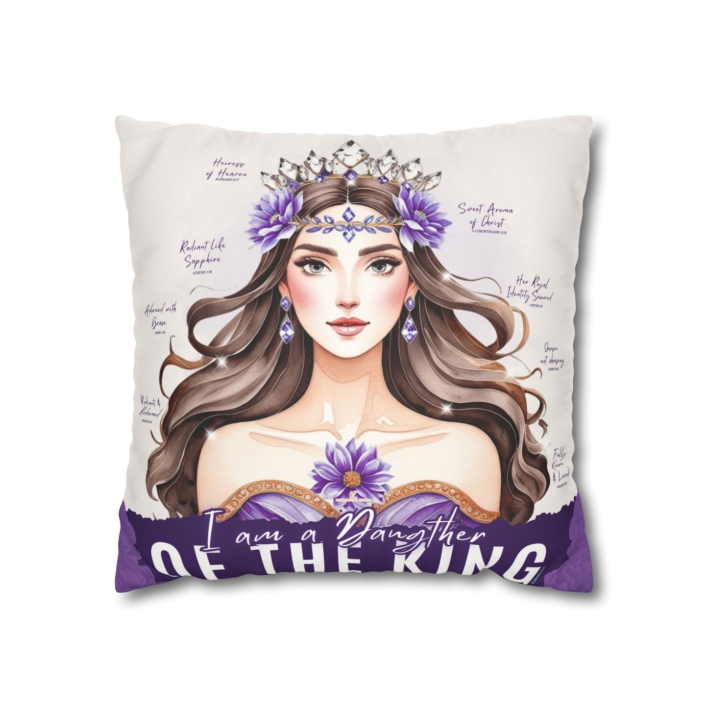 Daughter of the King Faux Suede Pillowcase | Floral Crown Decorative Throw Pillow I Purple Violet