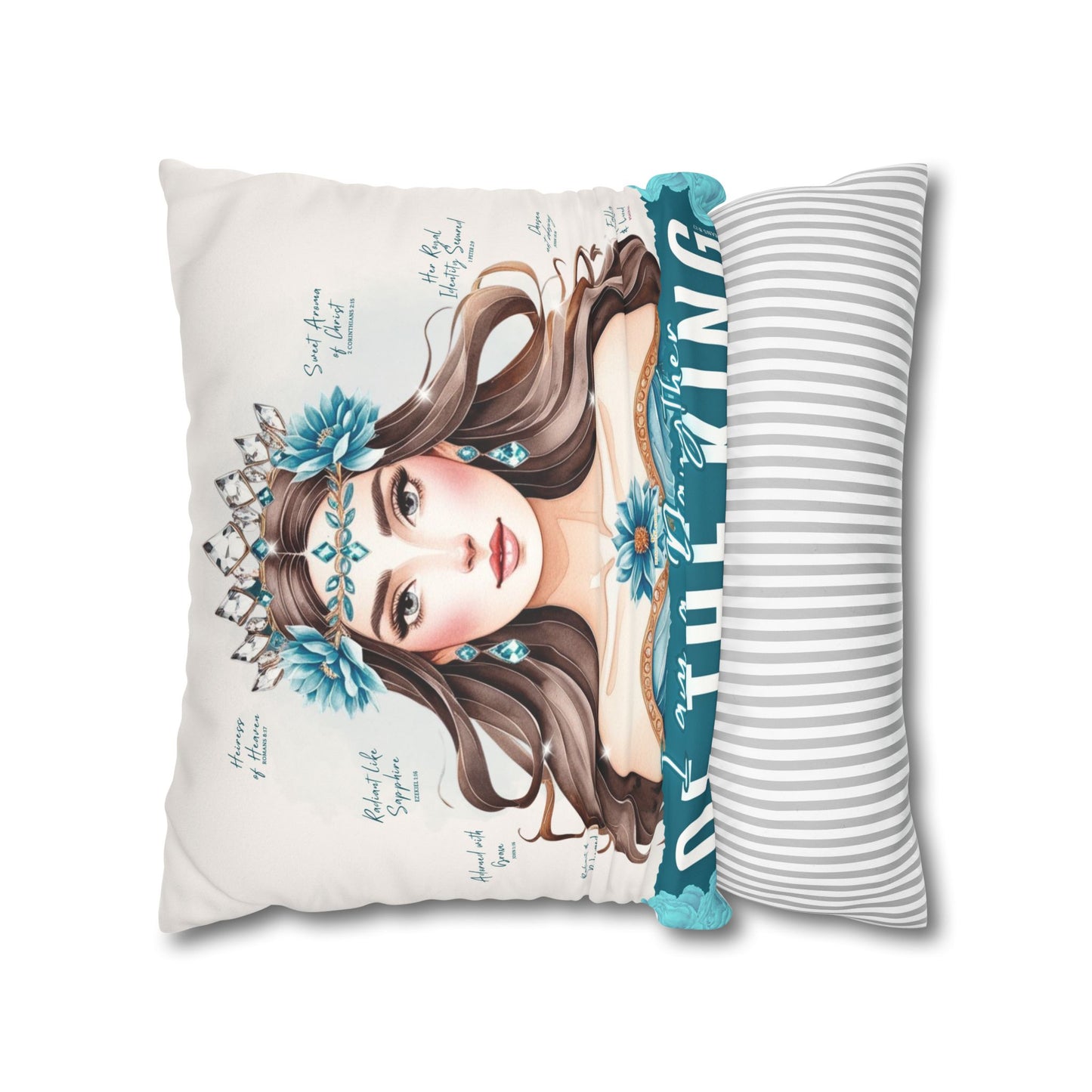 Daughter of the King Faux Suede Pillowcase | Floral Crown Decorative Throw Pillow I Turquoise