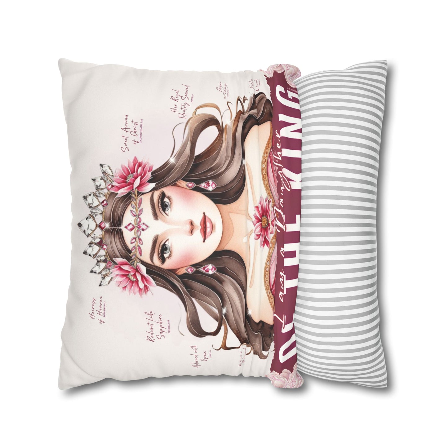 Daughter of the King Faux Suede Pillowcase | Floral Crown Decorative Throw Pillow I Pink