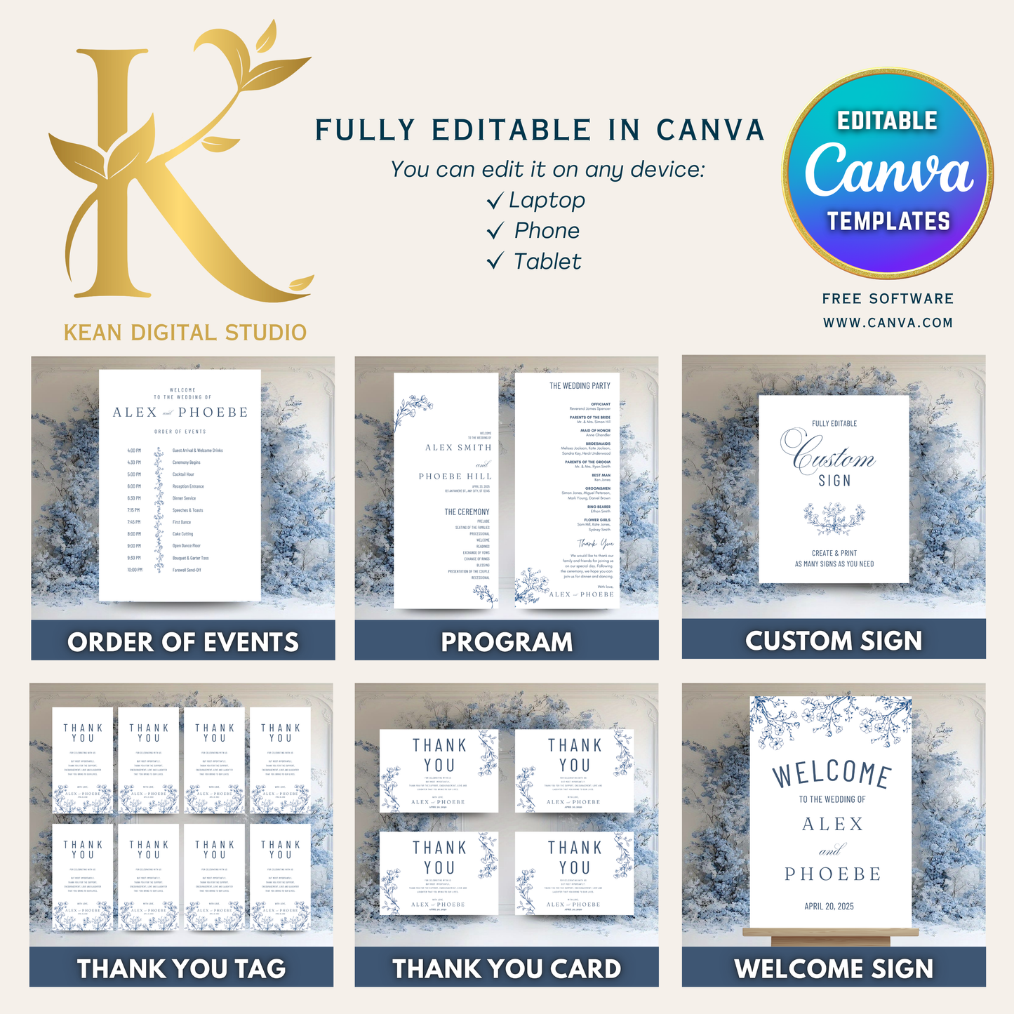 All In One Blue Willow Wedding Templates, Fully Editable Wedding Invitation plus Website Bundle, Daily Countdown and Digital Thank you Video