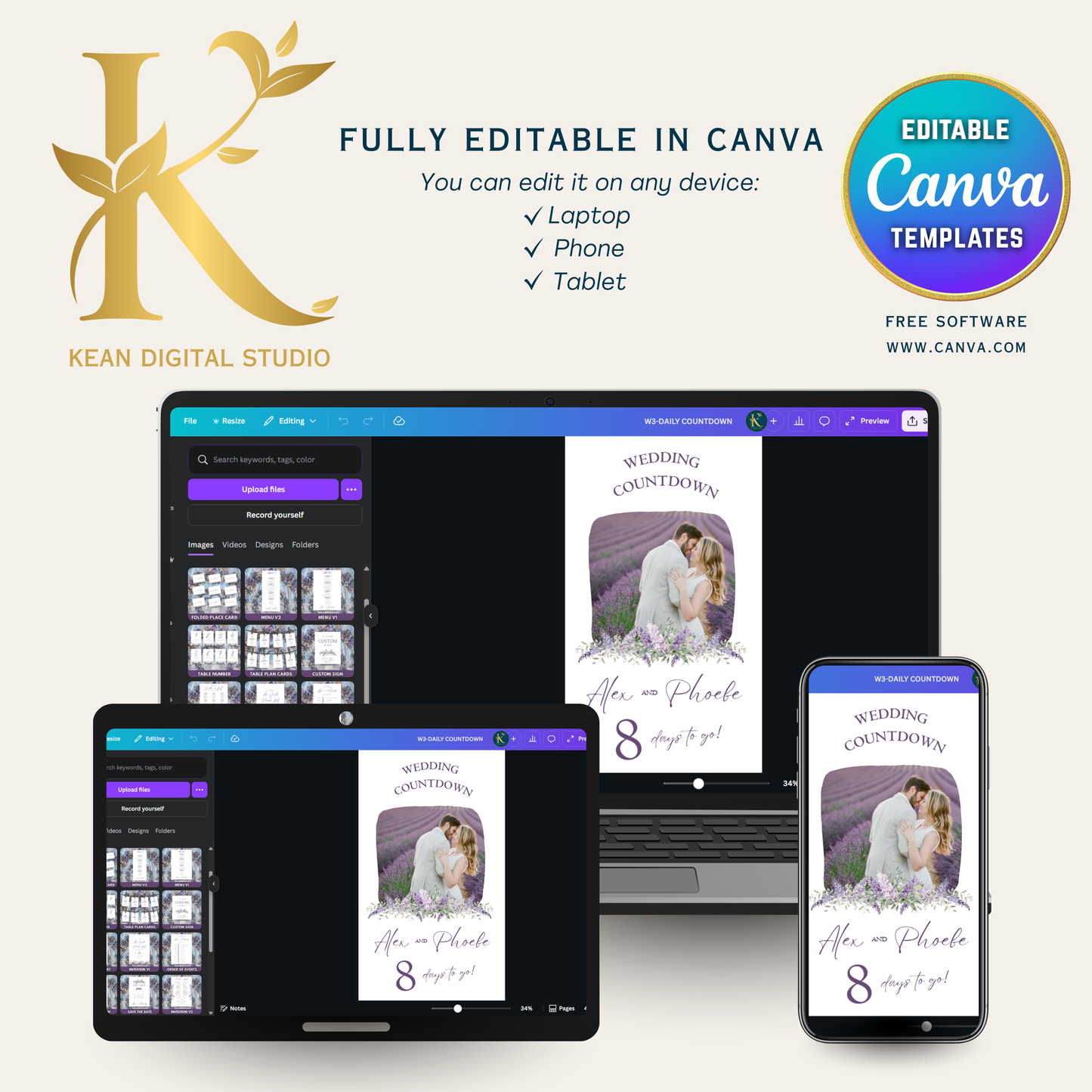 Wedding Daily Countdown Video Template, Fully Editable in Canva, Lavender Purple Themed