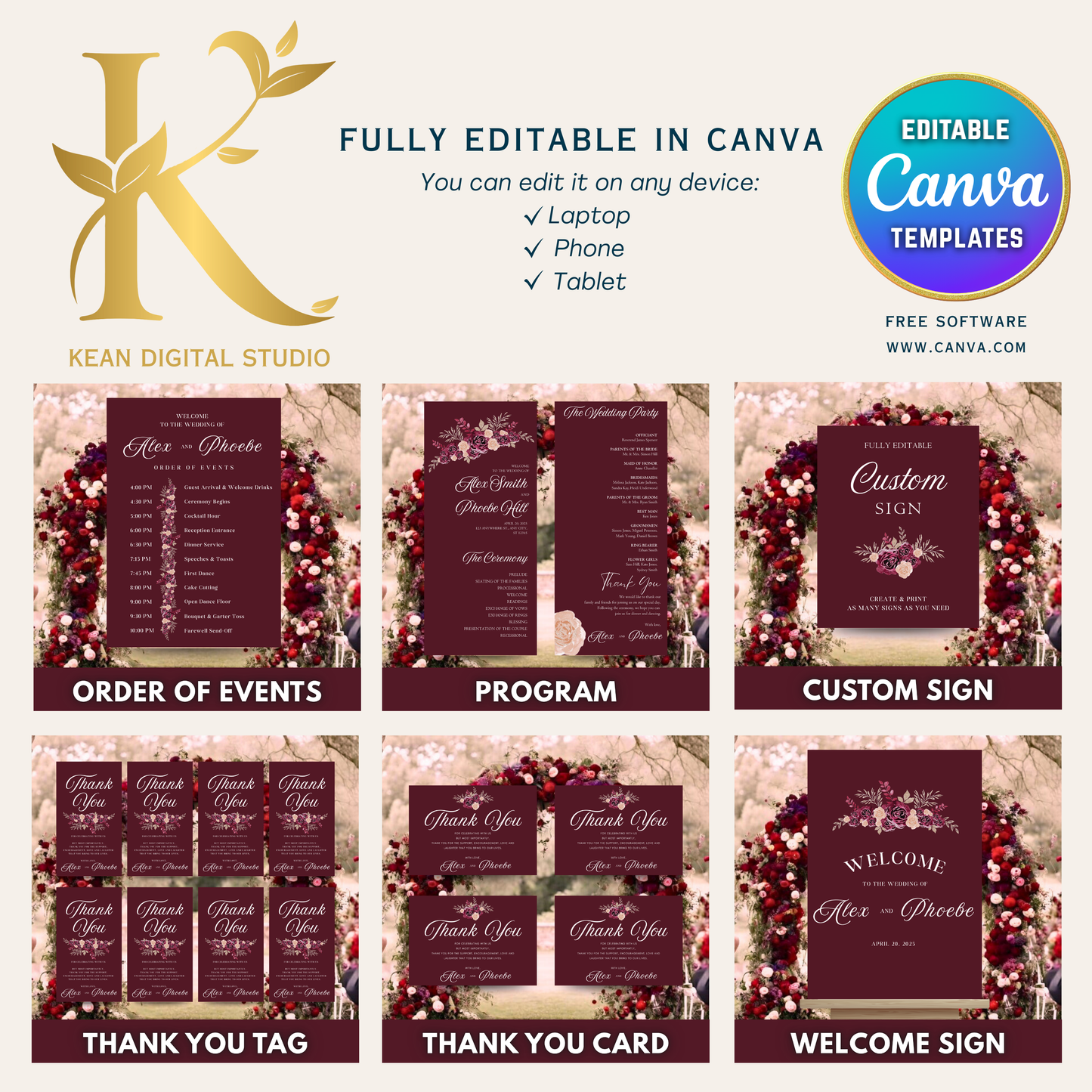 All In One Midnight Mulberry Wedding Templates, Fully Editable Burgundy Red Wedding Invitation + Website Bundle, Daily Countdown & Digital Thank you