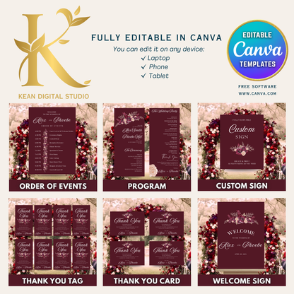 All In One Midnight Mulberry Wedding Templates, Fully Editable Burgundy Red Wedding Invitation + Website Bundle, Daily Countdown & Digital Thank you