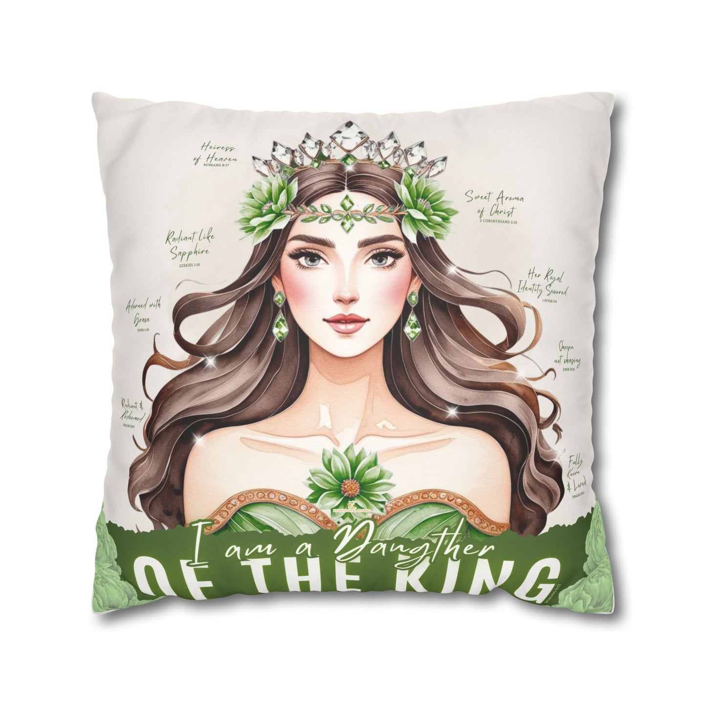 Daughter of the King Faux Suede Pillowcase | Floral Crown Decorative Throw Pillow I Olive Green