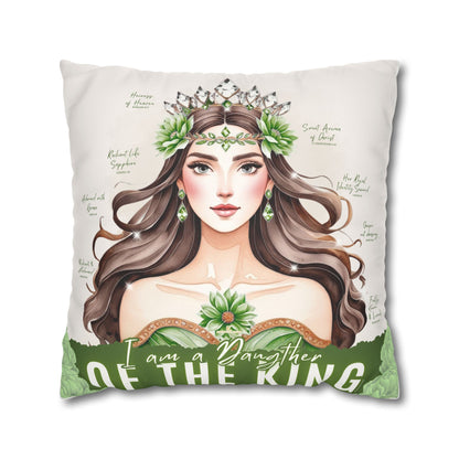 Daughter of the King Faux Suede Pillowcase | Floral Crown Decorative Throw Pillow I Olive Green