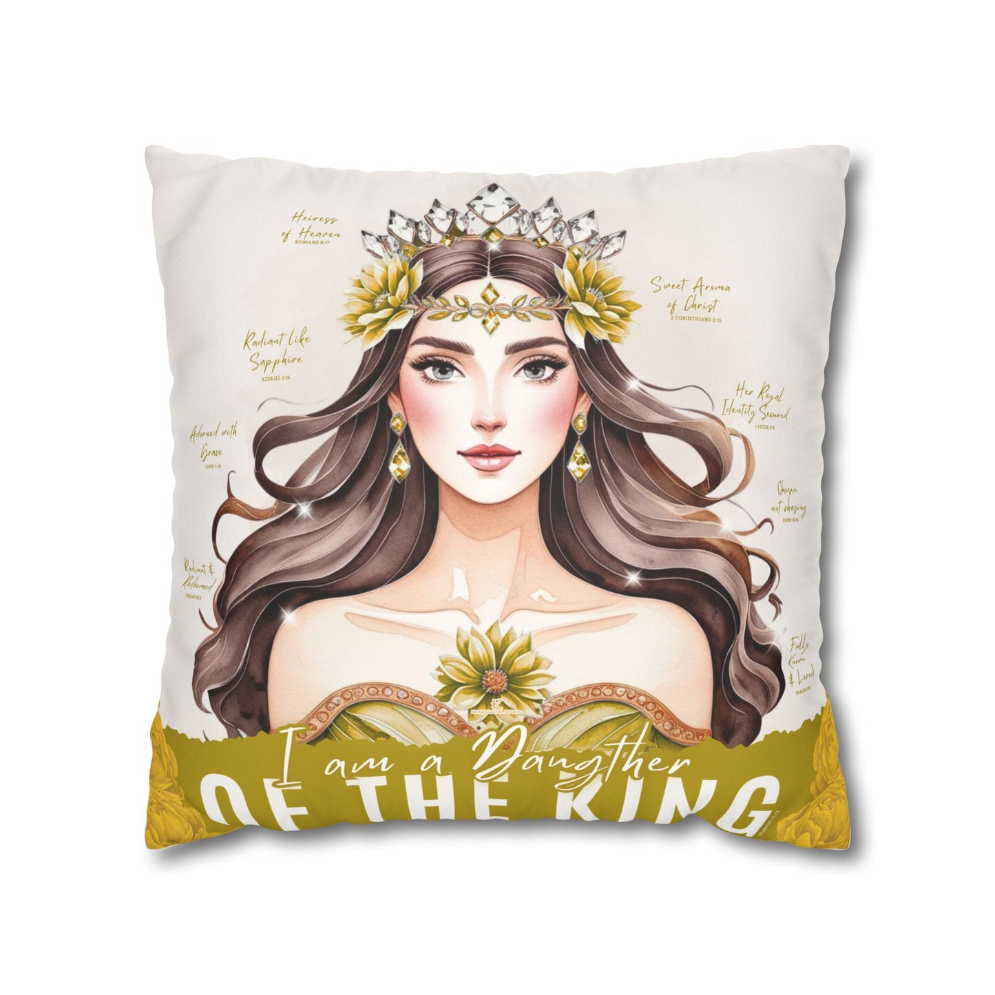 Daughter of the King Faux Suede Pillowcase | Floral Crown Decorative Throw Pillow I Yellow Gold