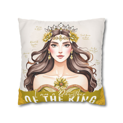 Daughter of the King Faux Suede Pillowcase | Floral Crown Decorative Throw Pillow I Yellow Gold
