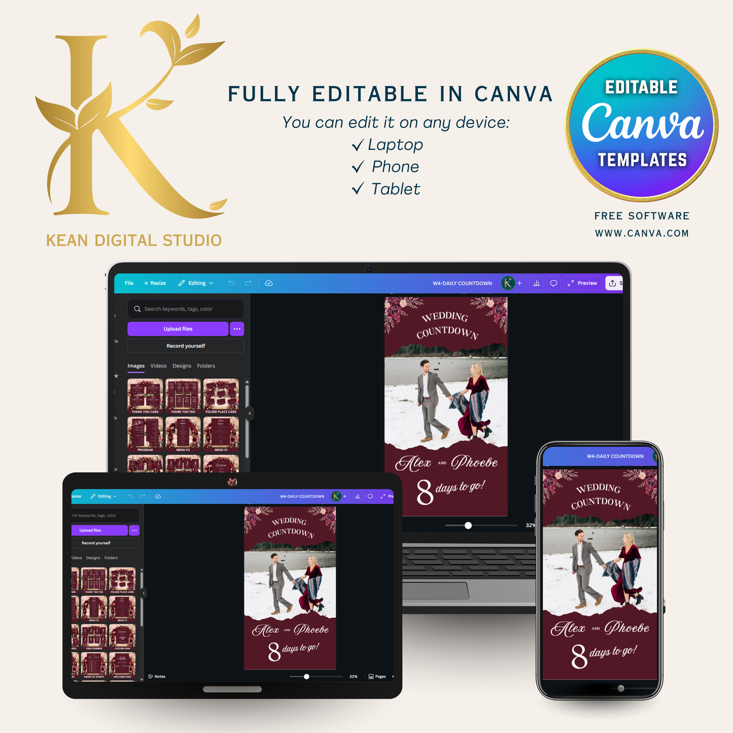 Wedding Daily Countdown Video Template, Fully Editable in Canva, Midnight Mulberry Themed, Burgundy Red Wedding