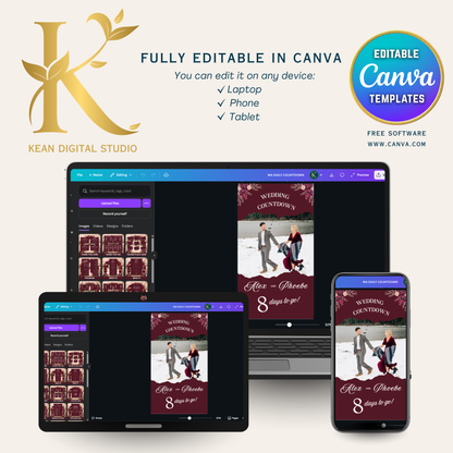 Wedding Daily Countdown Video Template, Fully Editable in Canva, Midnight Mulberry Themed, Burgundy Red Wedding