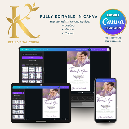 Wedding Digital Thank You Video Template, Fully Editable in Canva, Lavender Purple Theme