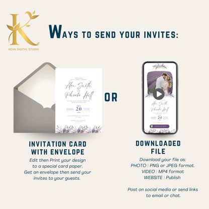 All In One Lavender Purple Wedding Invitation + Website Bundle, Canva Editable Templates, Lavender Themed Wedding, Purple Wedding Invitation