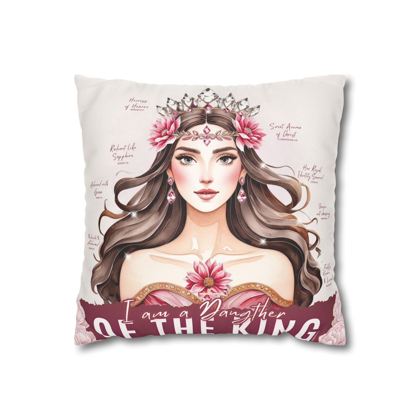 Daughter of the King Faux Suede Pillowcase | Floral Crown Decorative Throw Pillow I Pink