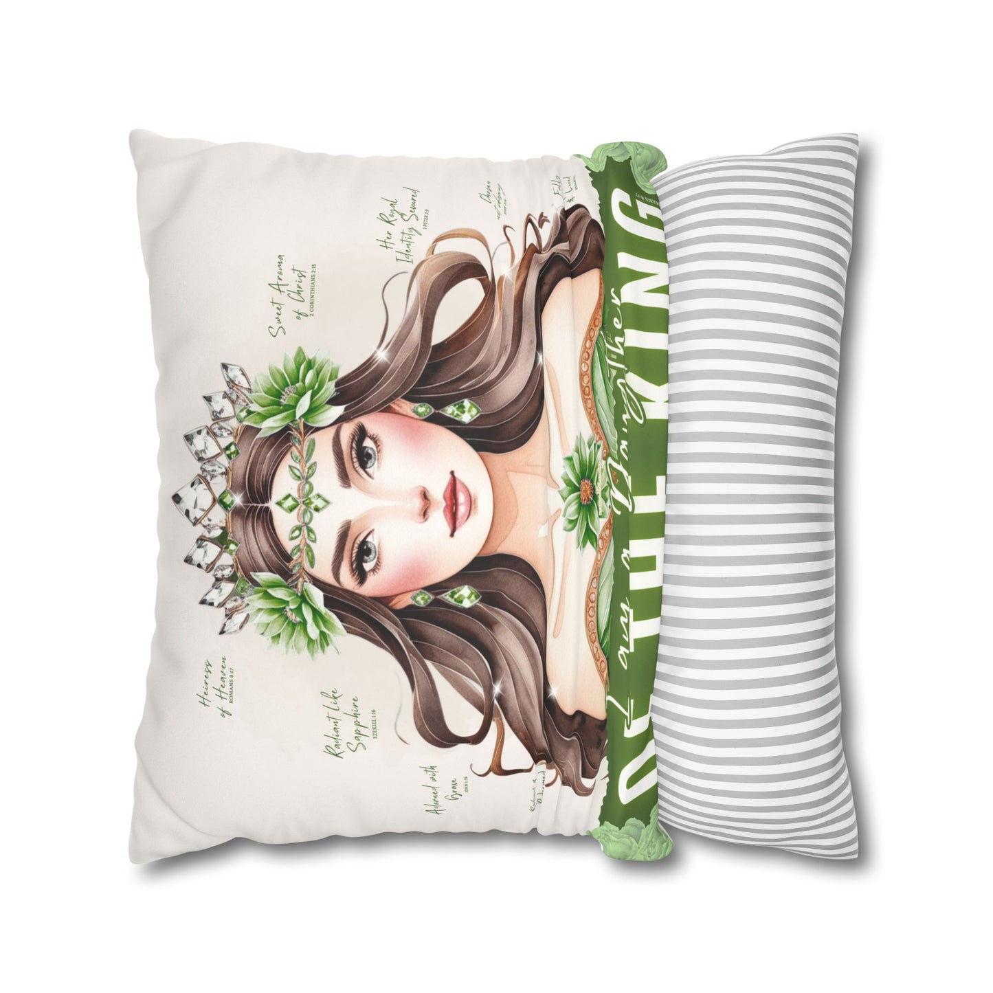 Daughter of the King Faux Suede Pillowcase | Floral Crown Decorative Throw Pillow I Olive Green