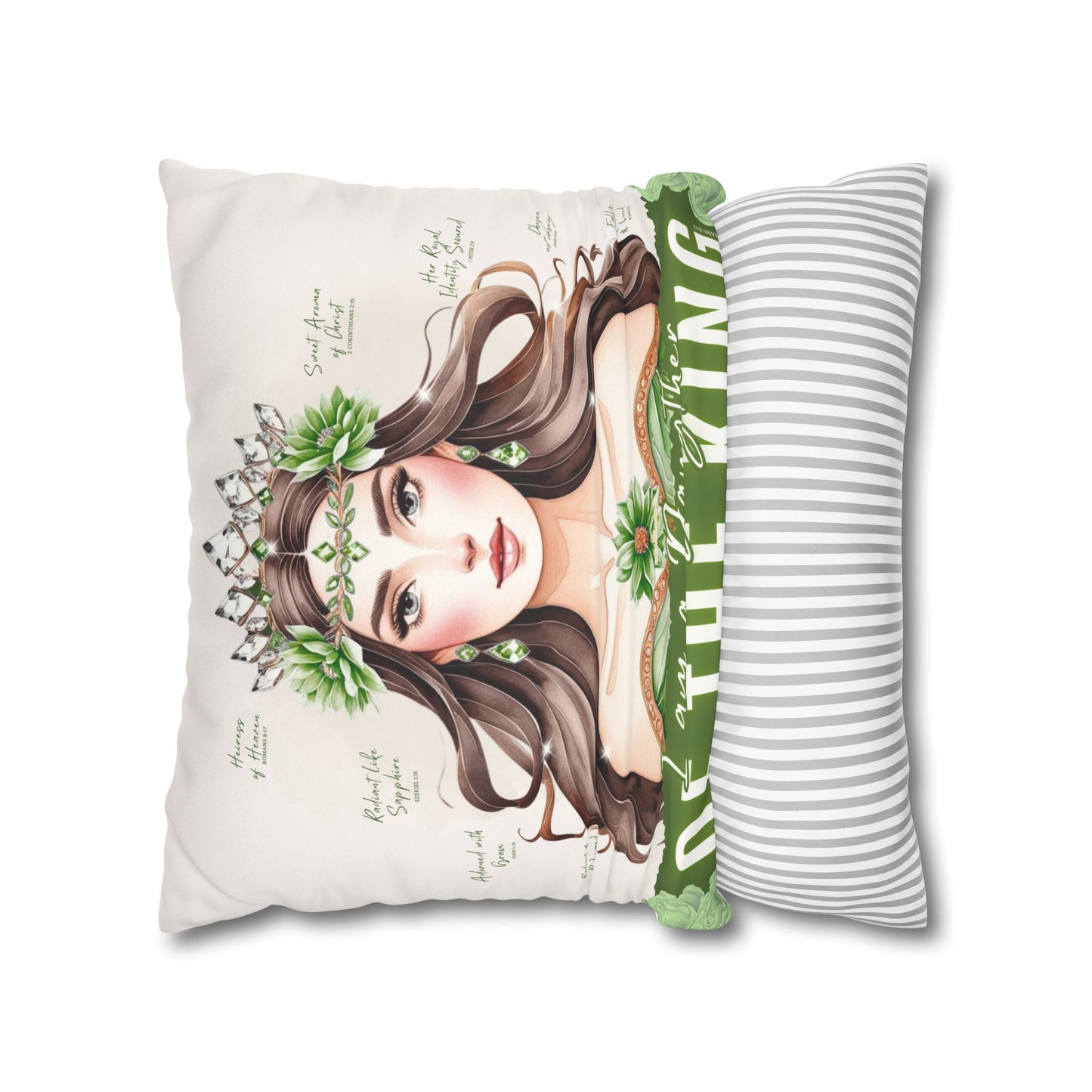 Daughter of the King Faux Suede Pillowcase | Floral Crown Decorative Throw Pillow I Olive Green