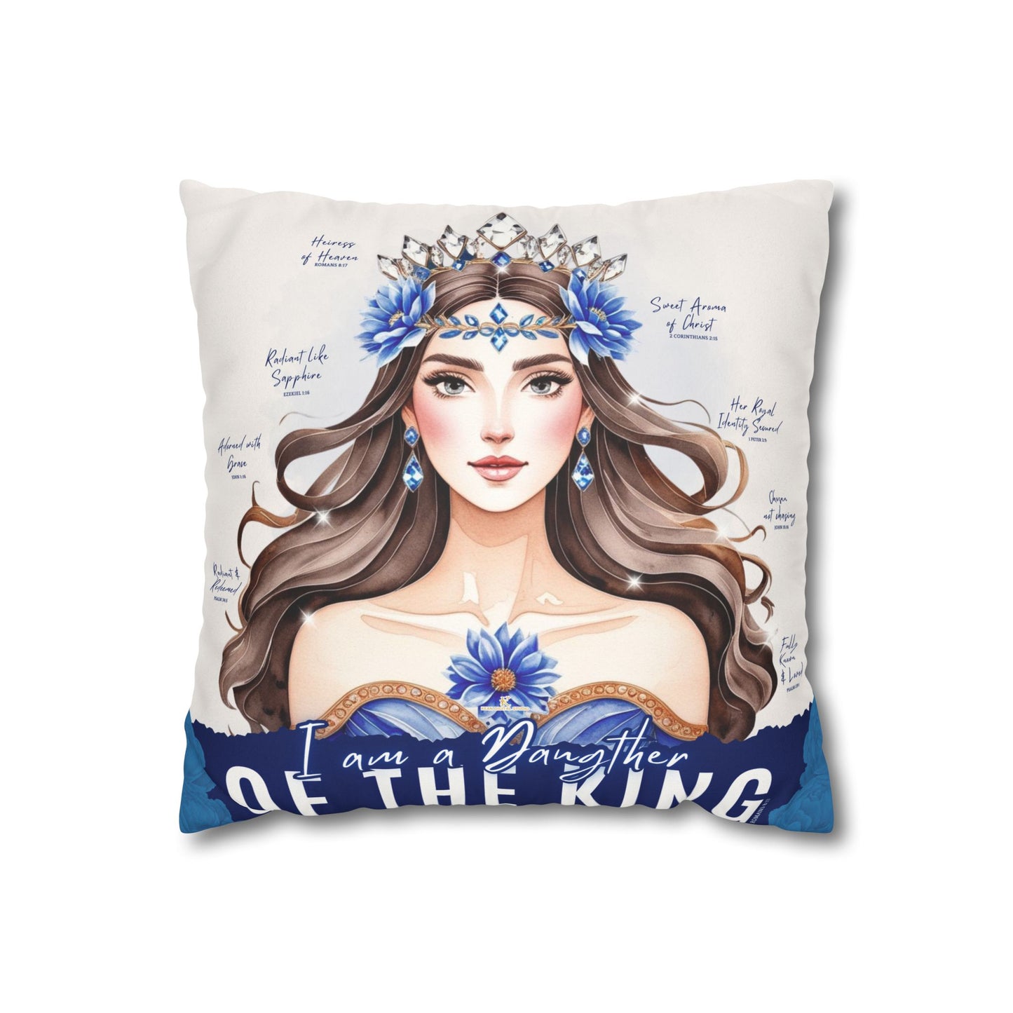 Daughter of the King Faux Suede Pillowcase | Floral Crown Decorative Throw Pillow I Blue