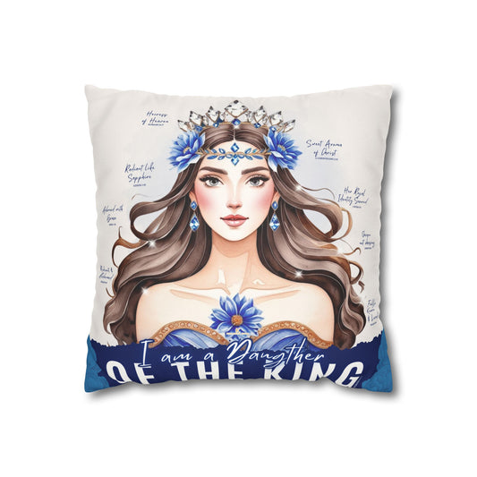 Daughter of the King Faux Suede Pillowcase | Floral Crown Decorative Throw Pillow I Blue