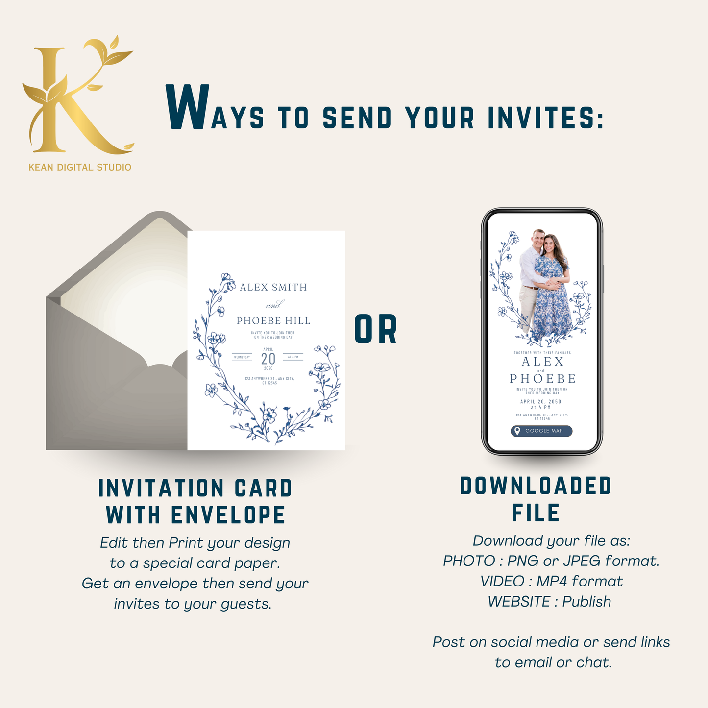All In One Blue Willow Wedding Templates, Fully Editable Wedding Invitation plus Website Bundle, Daily Countdown and Digital Thank you Video