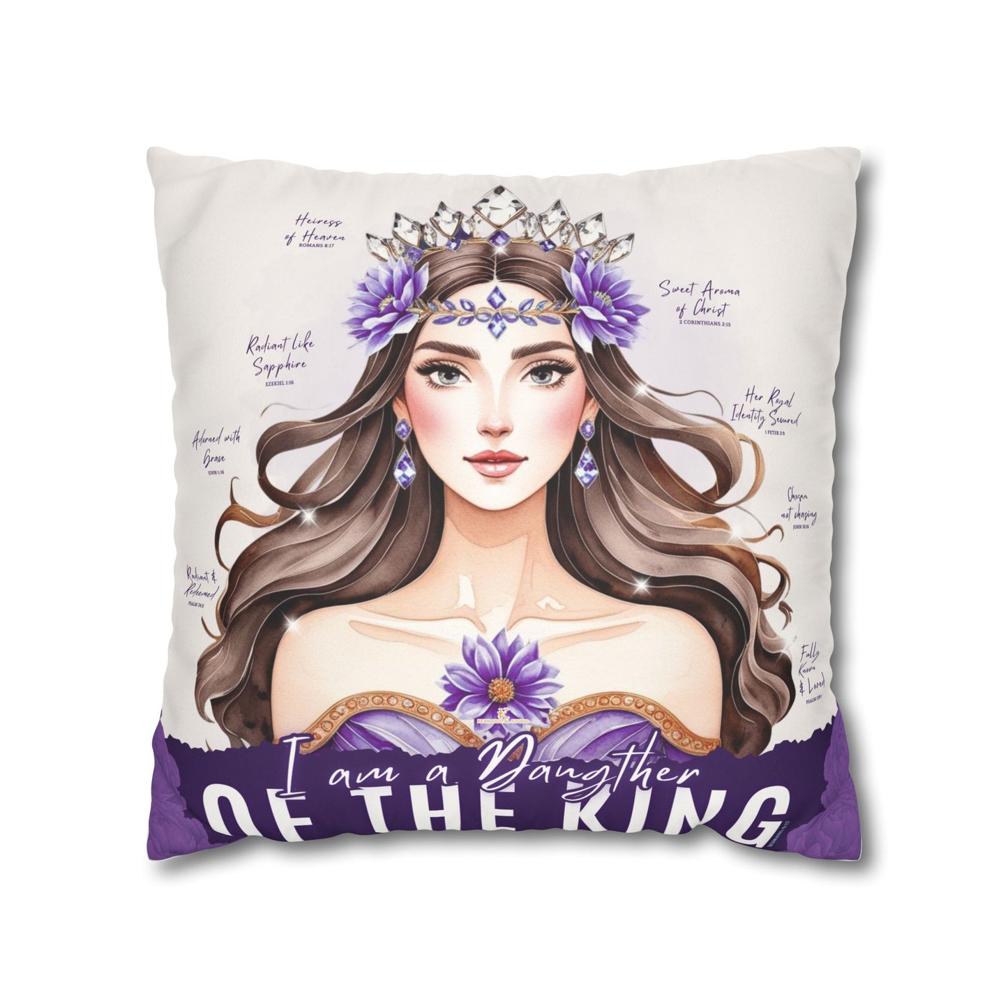 Daughter of the King Faux Suede Pillowcase | Floral Crown Decorative Throw Pillow I Purple Violet