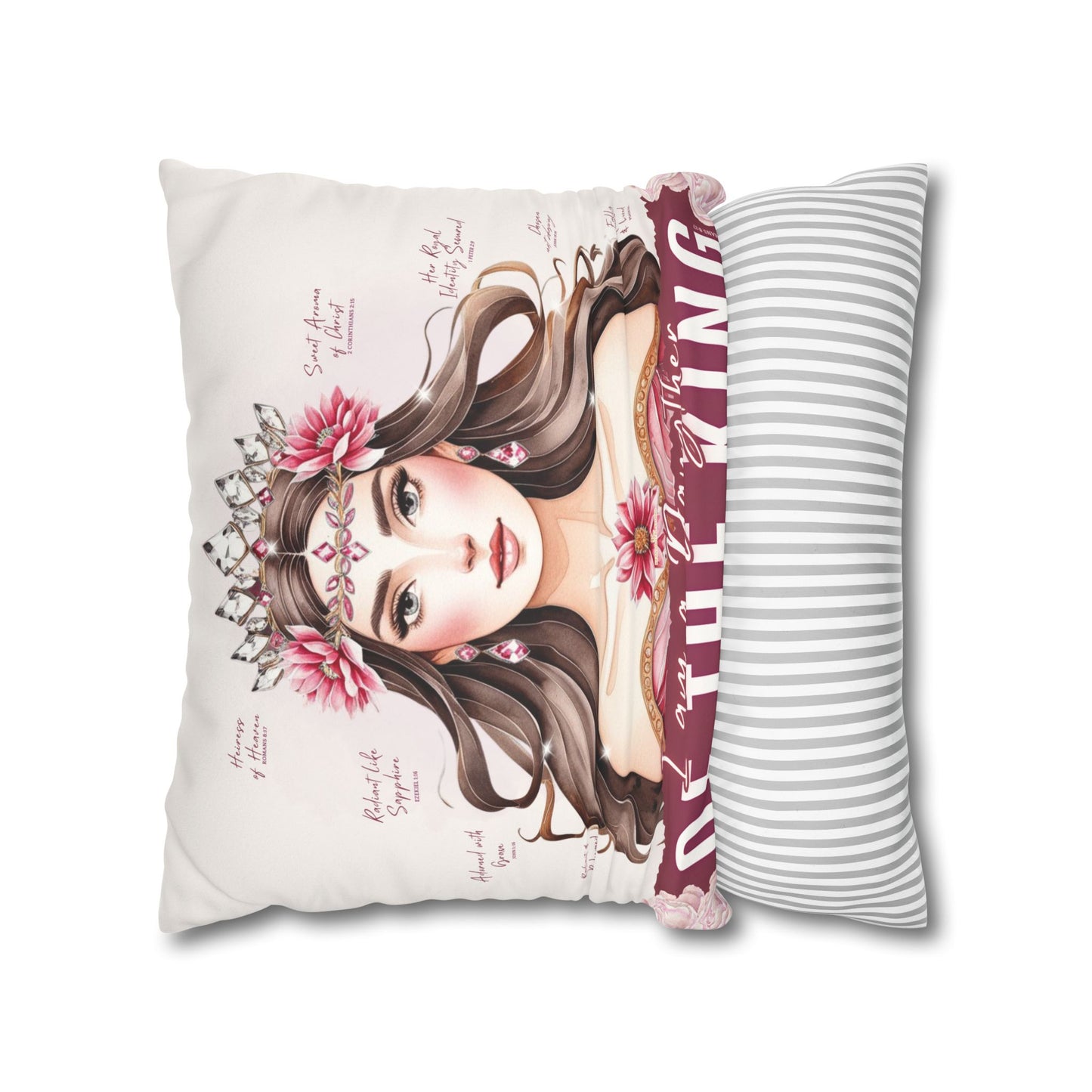 Daughter of the King Faux Suede Pillowcase | Floral Crown Decorative Throw Pillow I Pink