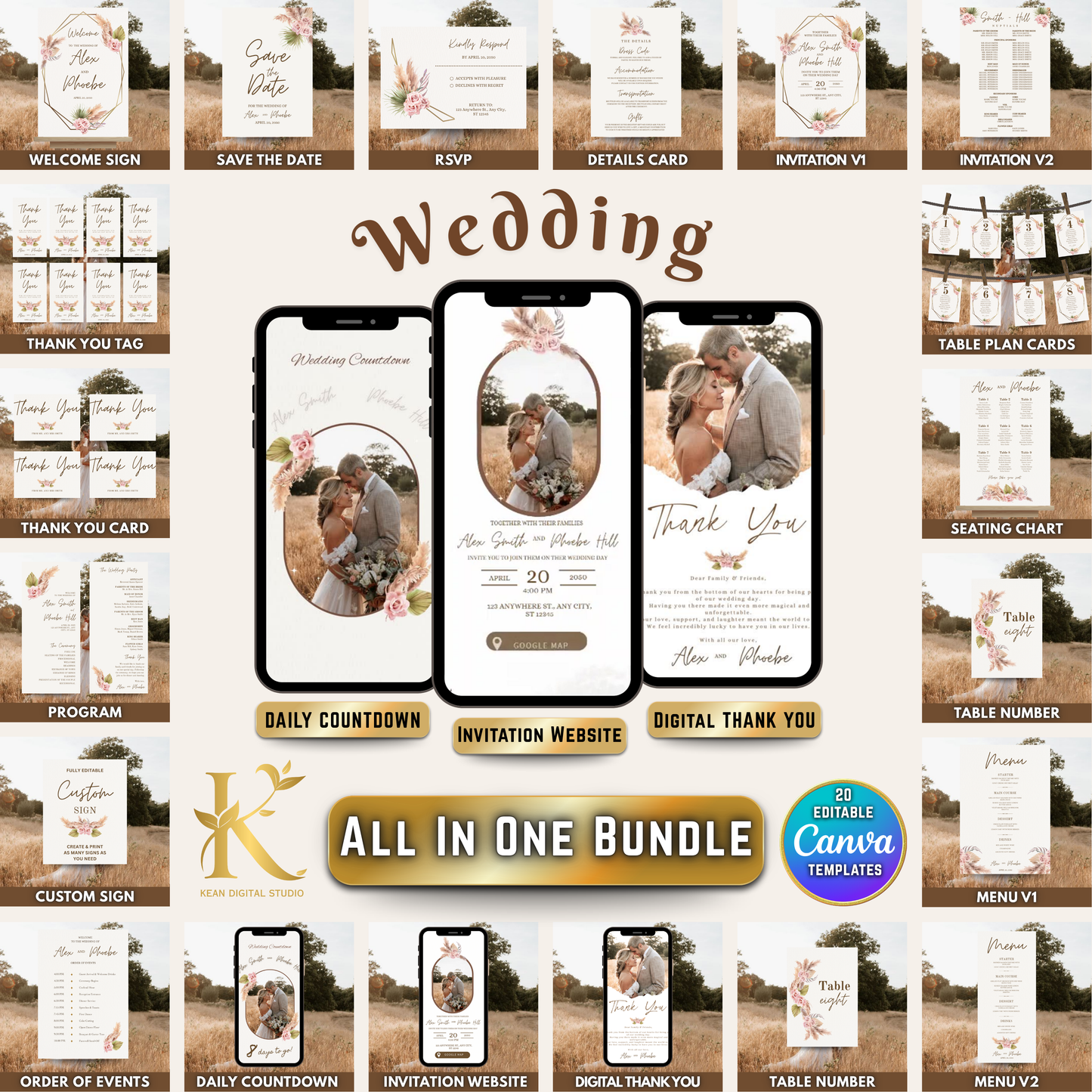 All In One Wedding Bundle Boho Theme Wedding Invitation and Wedding Website with RSVP, 20 Wedding Templates Fully Editable in Canva
