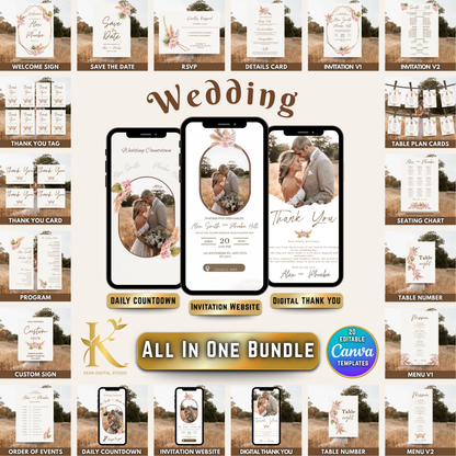 All In One Wedding Bundle Boho Theme Wedding Invitation and Wedding Website with RSVP, 20 Wedding Templates Fully Editable in Canva