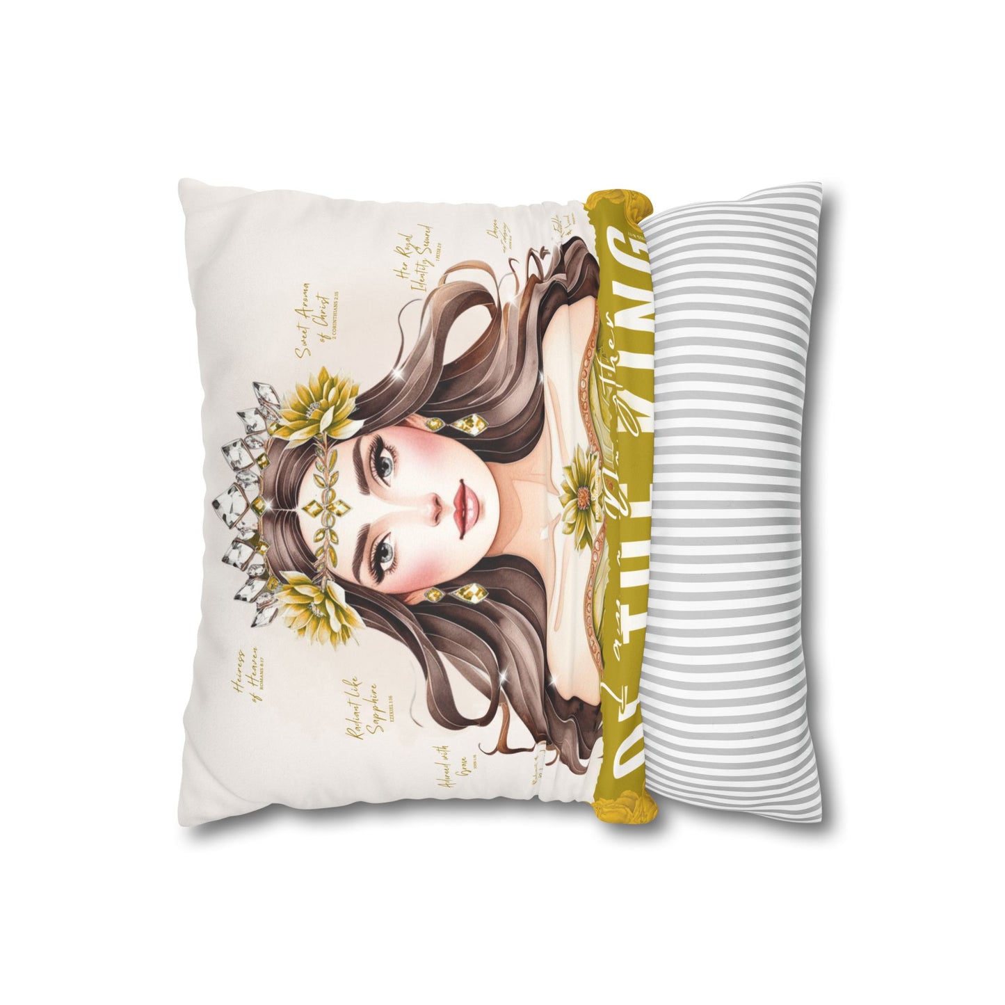 Daughter of the King Faux Suede Pillowcase | Floral Crown Decorative Throw Pillow I Yellow Gold