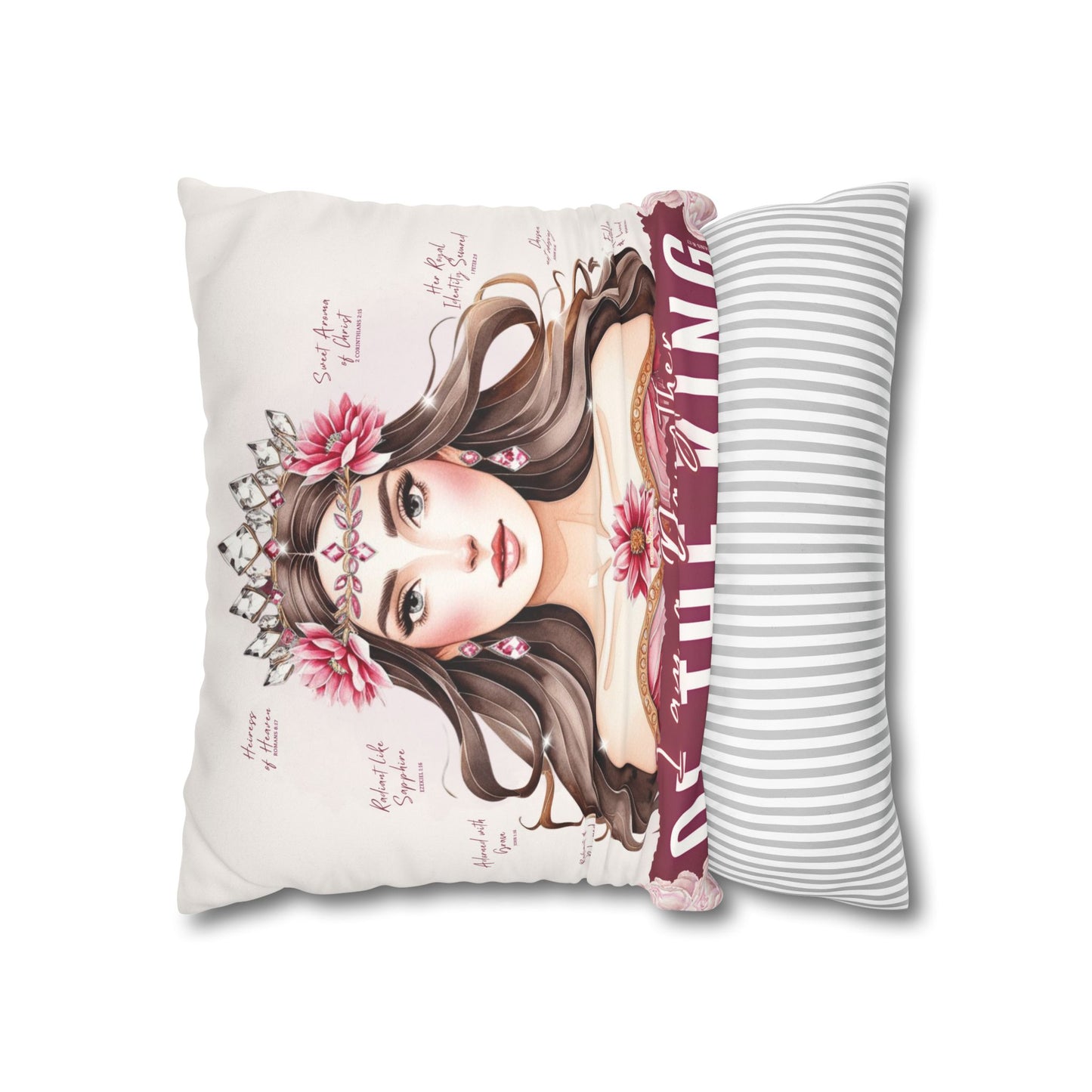 Daughter of the King Faux Suede Pillowcase | Floral Crown Decorative Throw Pillow I Pink