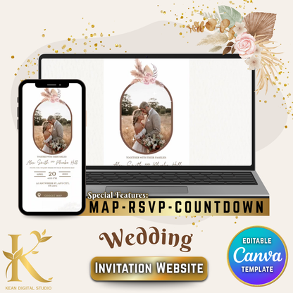 Wedding Invitation Website with RSVP and Countdown Timer, Fully Editable in Canva, Boho Theme