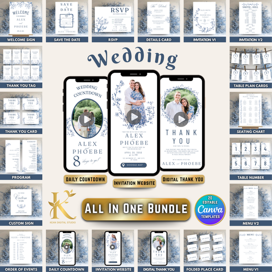 All In One Blue Willow Wedding Templates, Fully Editable Wedding Invitation plus Website Bundle, Daily Countdown and Digital Thank you Video